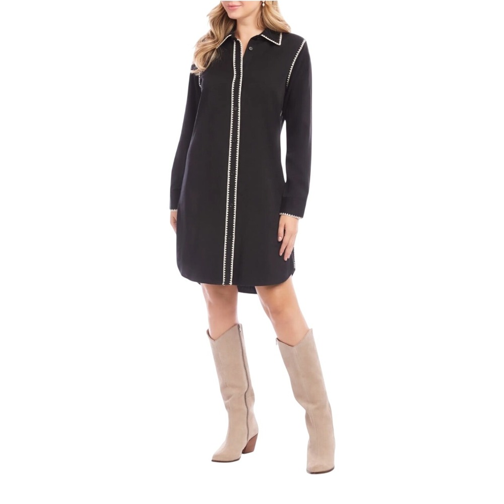 Karen Kane Edge Stitch Long Sleeve Shirtdress Western Boho Black Dress Large